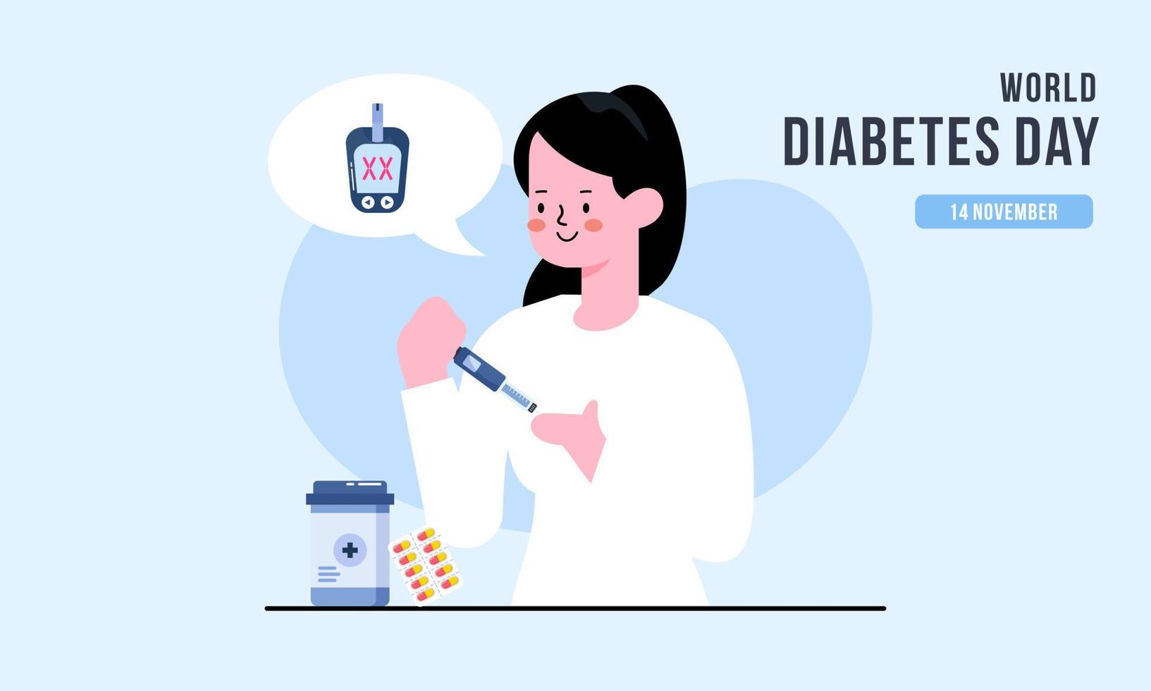 World diabetes day background, blood glucose testing meter and insulin production concept vector