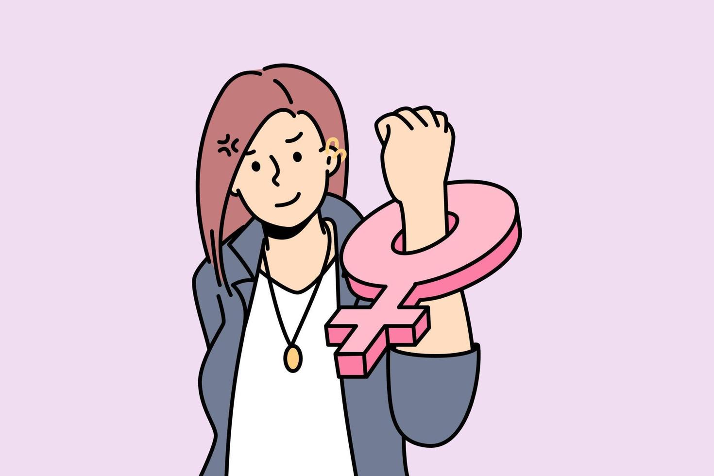 Young female feminist with female symbol on fist stand for feminism and women rights. Concept of international day of elimination of violence against woman. Vector illustration.