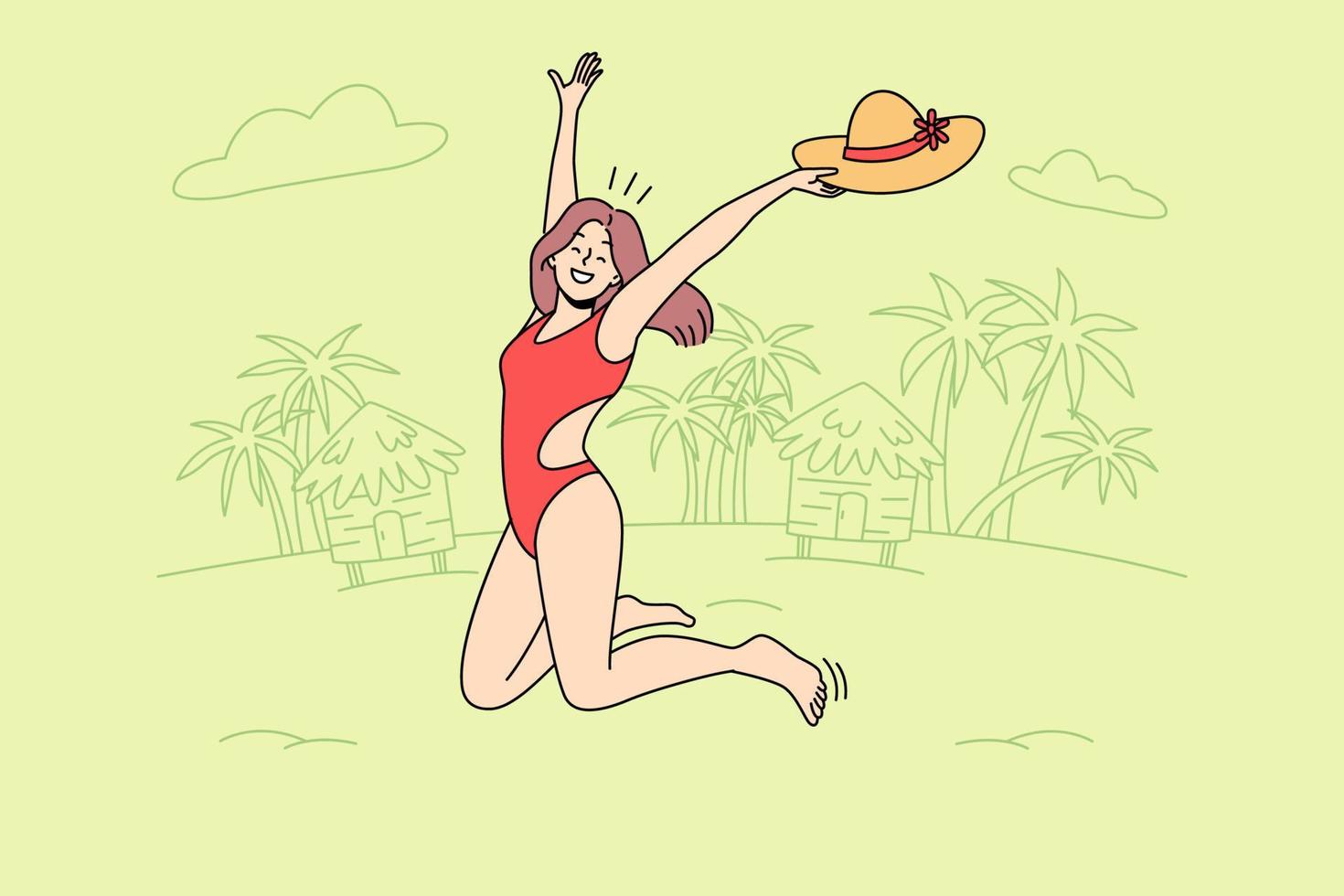 Overjoyed young woman in swimsuit jumping on beach enjoying summer vacation. Happy girl in bikini excited with summertime holidays. Vector illustration.