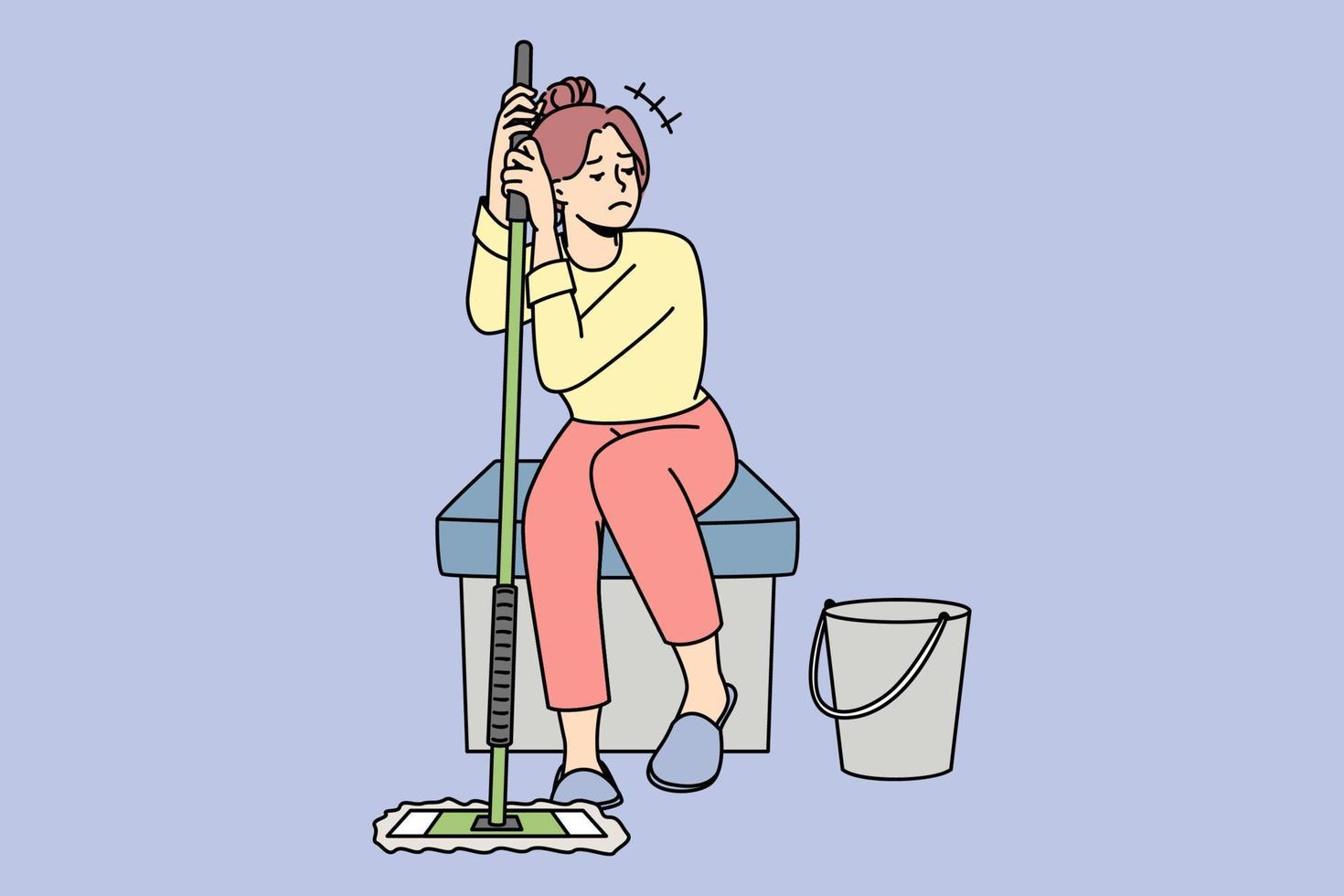 Unhappy housewife sitting with mop after cleaning feel distressed with home work. Upset woman housekeeper tired of housework. Chores at house. Vector illustration.