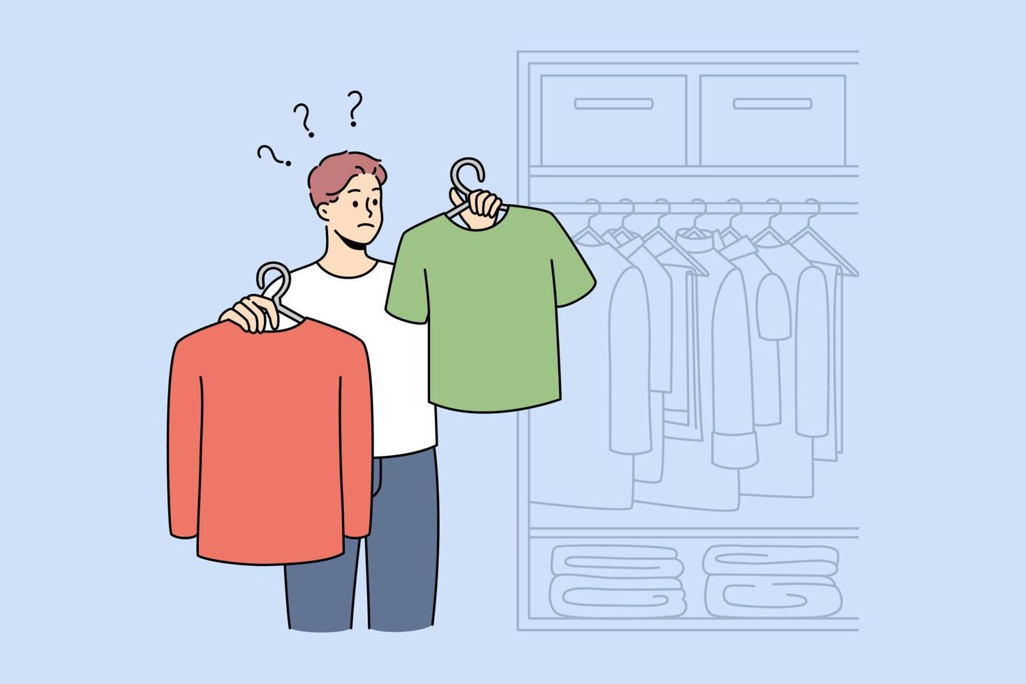 Man choosing clothes near wardrobe at home. Guy feel confused make decision about garment or apparel. Fashion and style problem. Vector illustration.