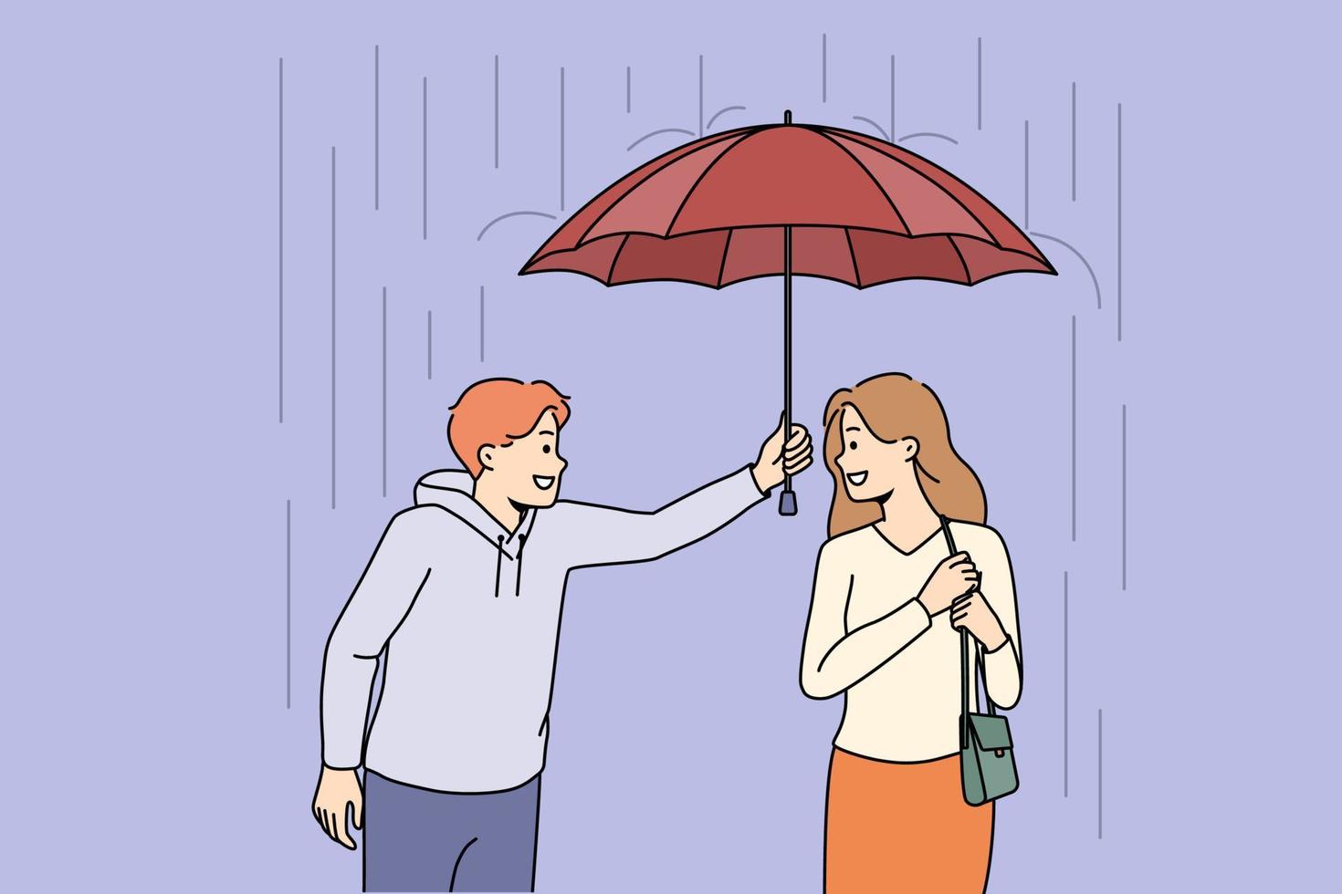 Caring young man sharing umbrella with pretty woman outdoors. Smiling male gentlemen protect female from rain outside. Vector illustration.