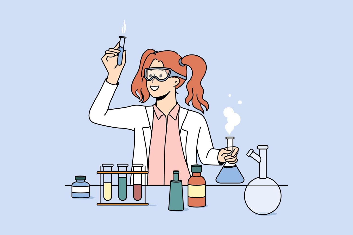 Female scientist working with tubes in laboratory. Professional researcher do experiments in lab. Science and chemistry. Vector illustration.