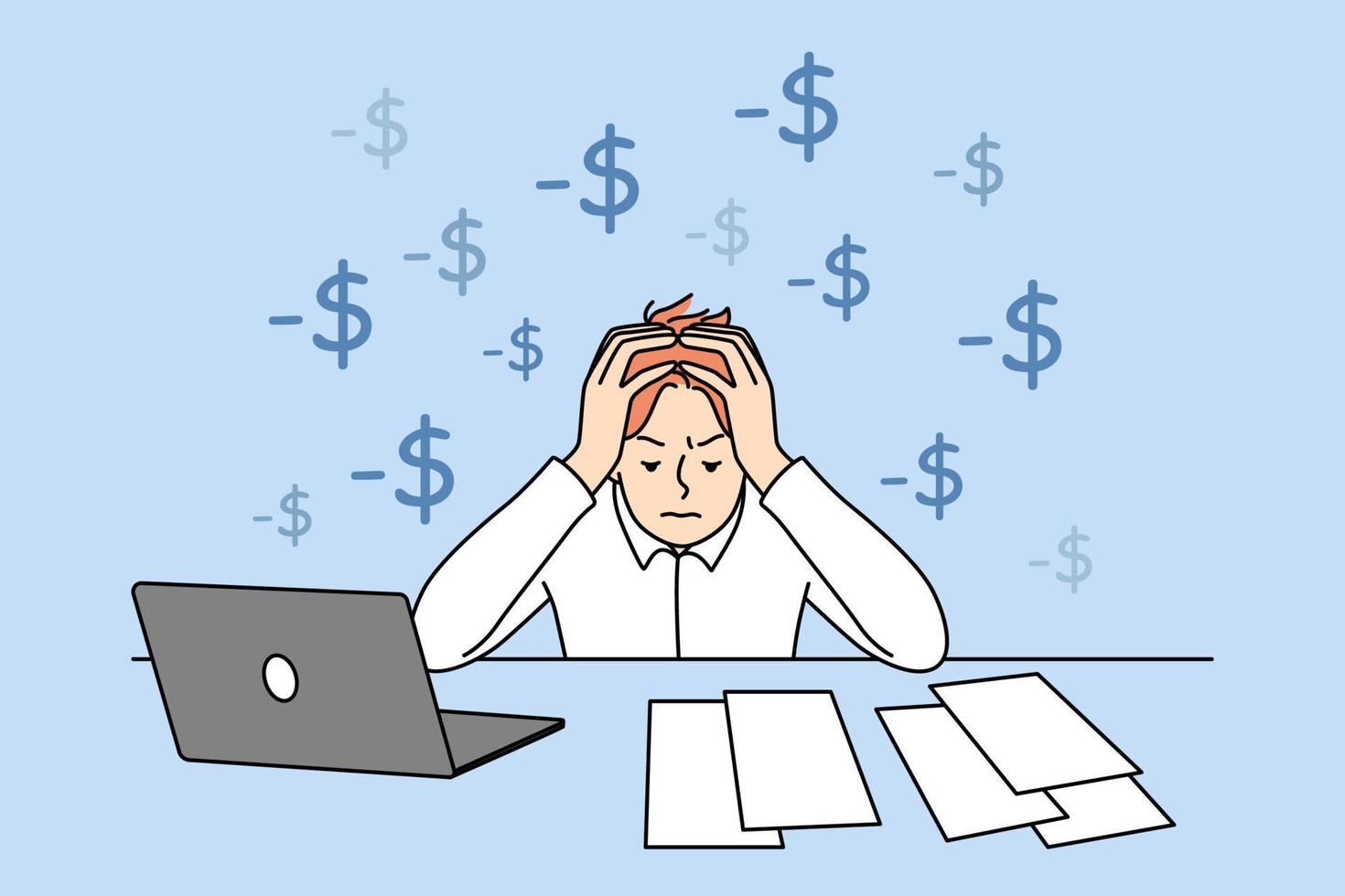 Unhappy businessman sitting art desk with laptop having financial problems. Stressed man have debt and finance troubles at work. Vector illustration.