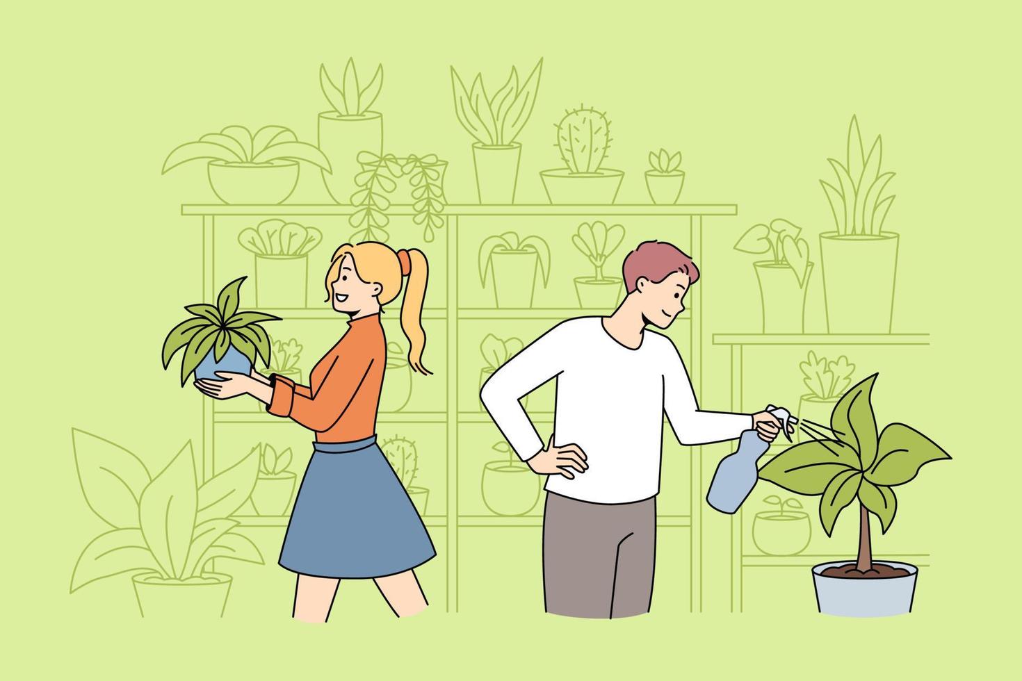 Happy couple take care of house plants. Man and woman plant and water house plants in home garden. Botany and hobby concept. Vector illustration.
