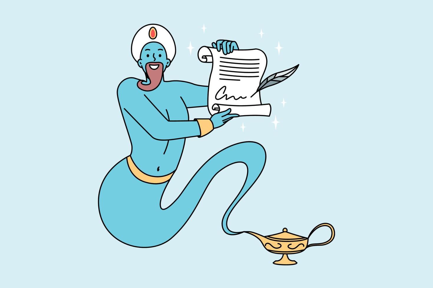 Blue genie from golden bottle holding paper granting wishes. Jinn with magic powers showing poster with desires. Cartoon character fairy tale. Vector illustration.