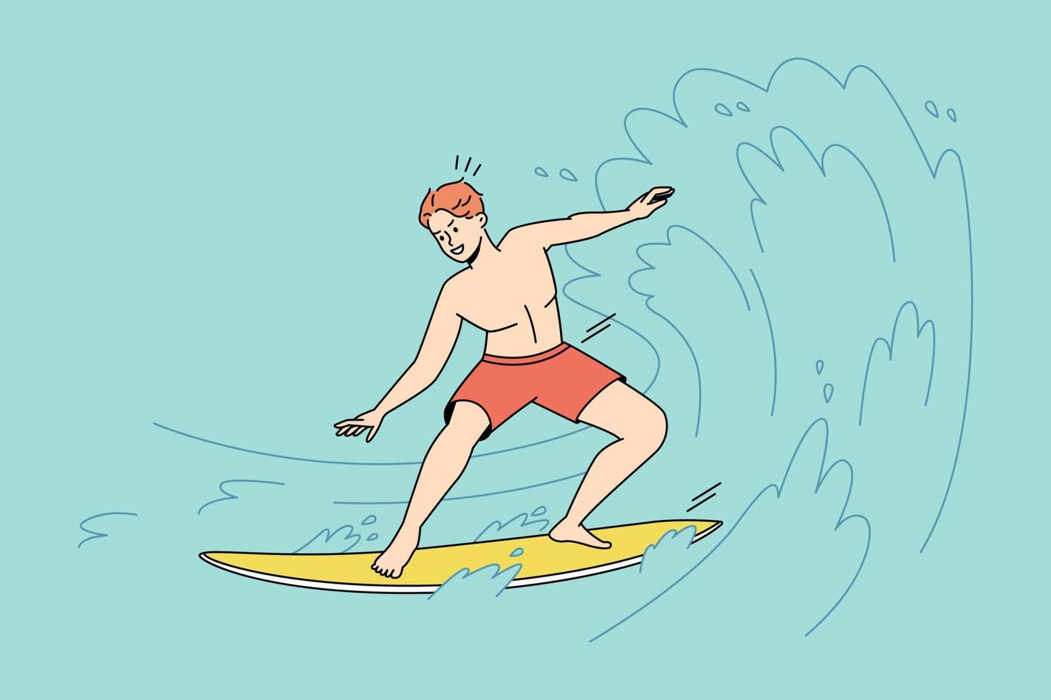 Man on surfboard enjoying summer activities on vacation. Male surfer sliding on ocean waves on holidays. Surfing and sometime sport. Vector illustration.