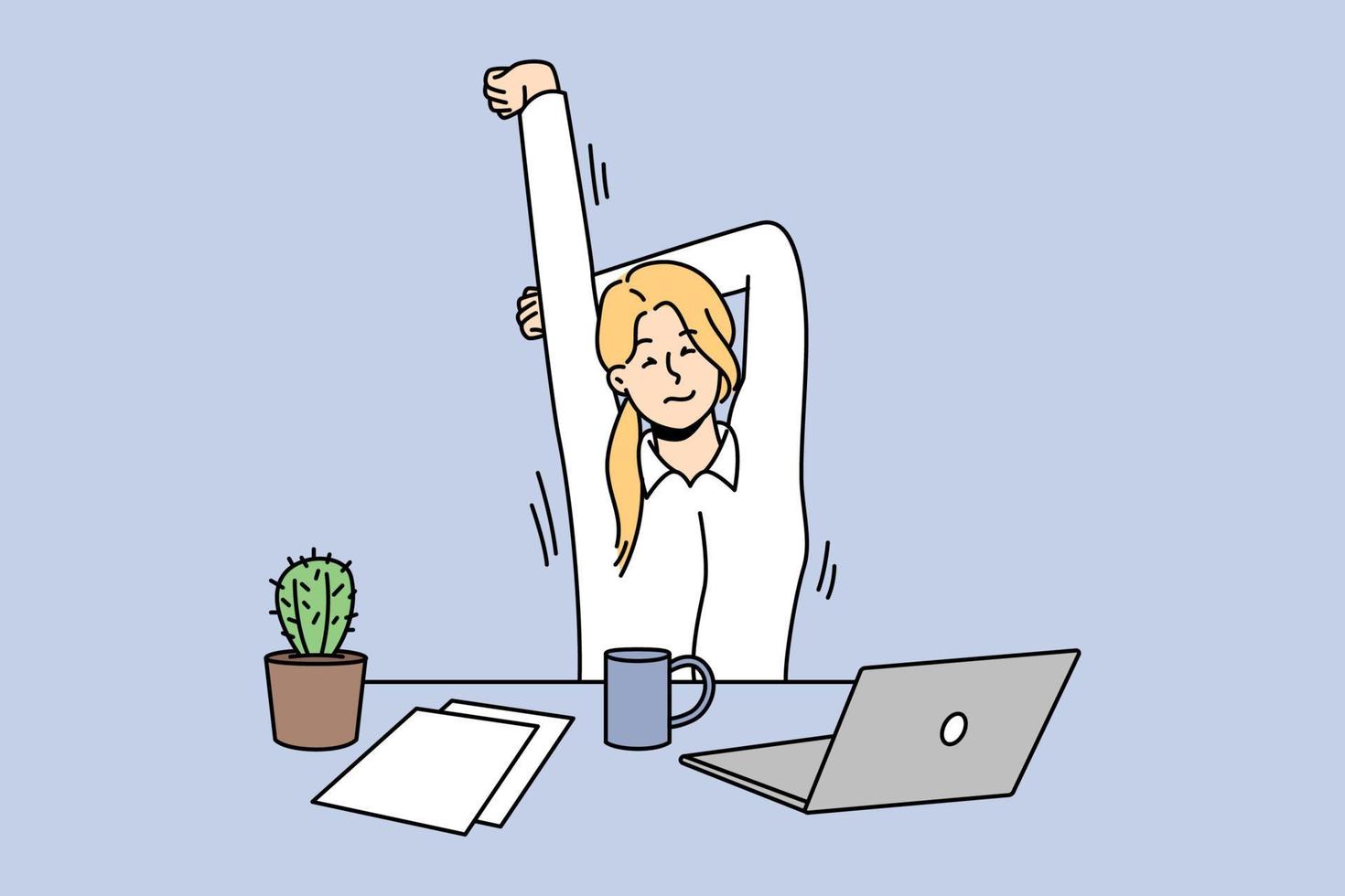Exhausted female employee stretching sitting at desk in office. Tired woman do gymnastics and exercises at workplace. Sport activity. Vector illustration.
