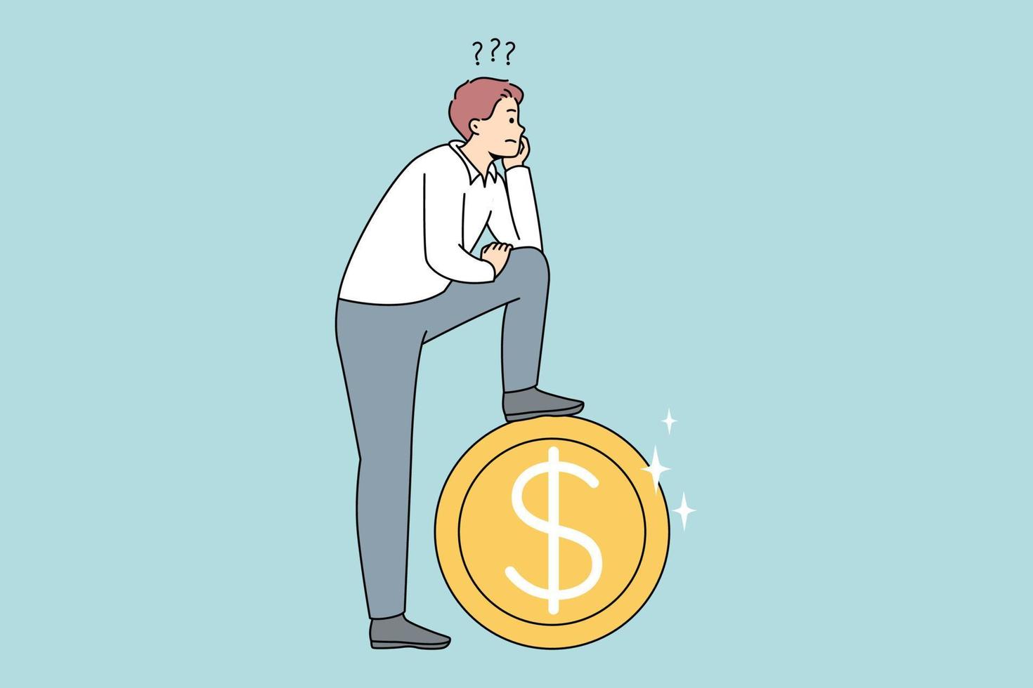 Frustrated man near huge coin thinking of financial problems. Confused male make decision plan about money and investment. Finances and expenses. Vector illustration.