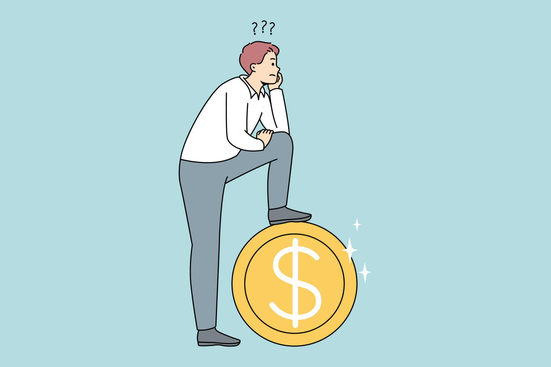 Frustrated man near huge coin thinking of financial problems. Confused