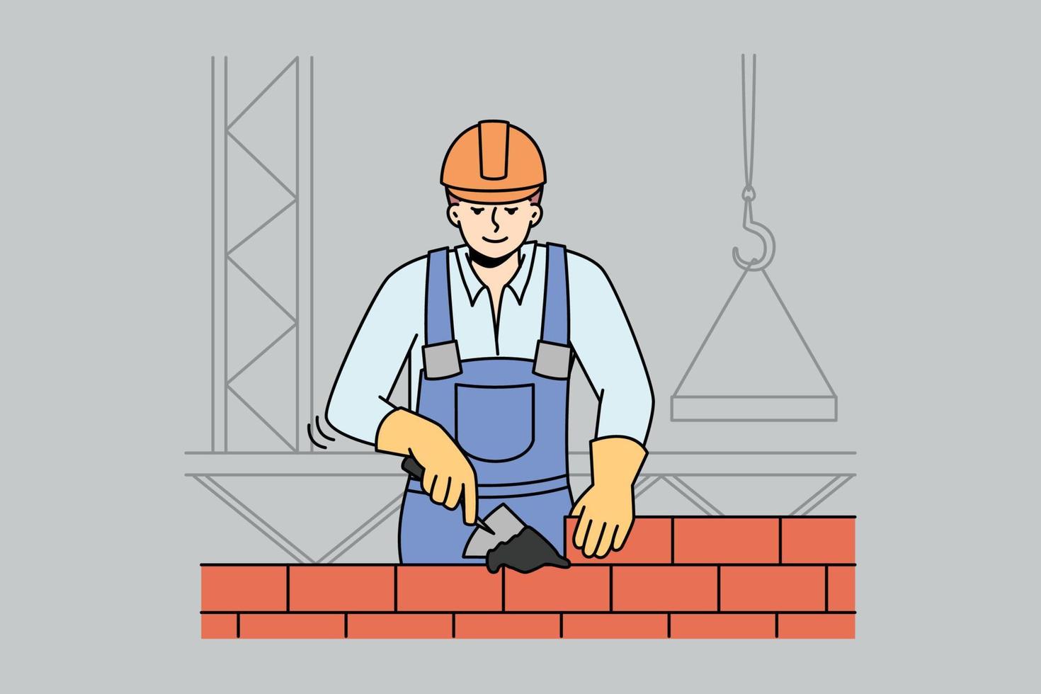 Male builder in helmet and uniform working at construction site. Man worker building house with bricks. Renovation concept. Vector illustration.