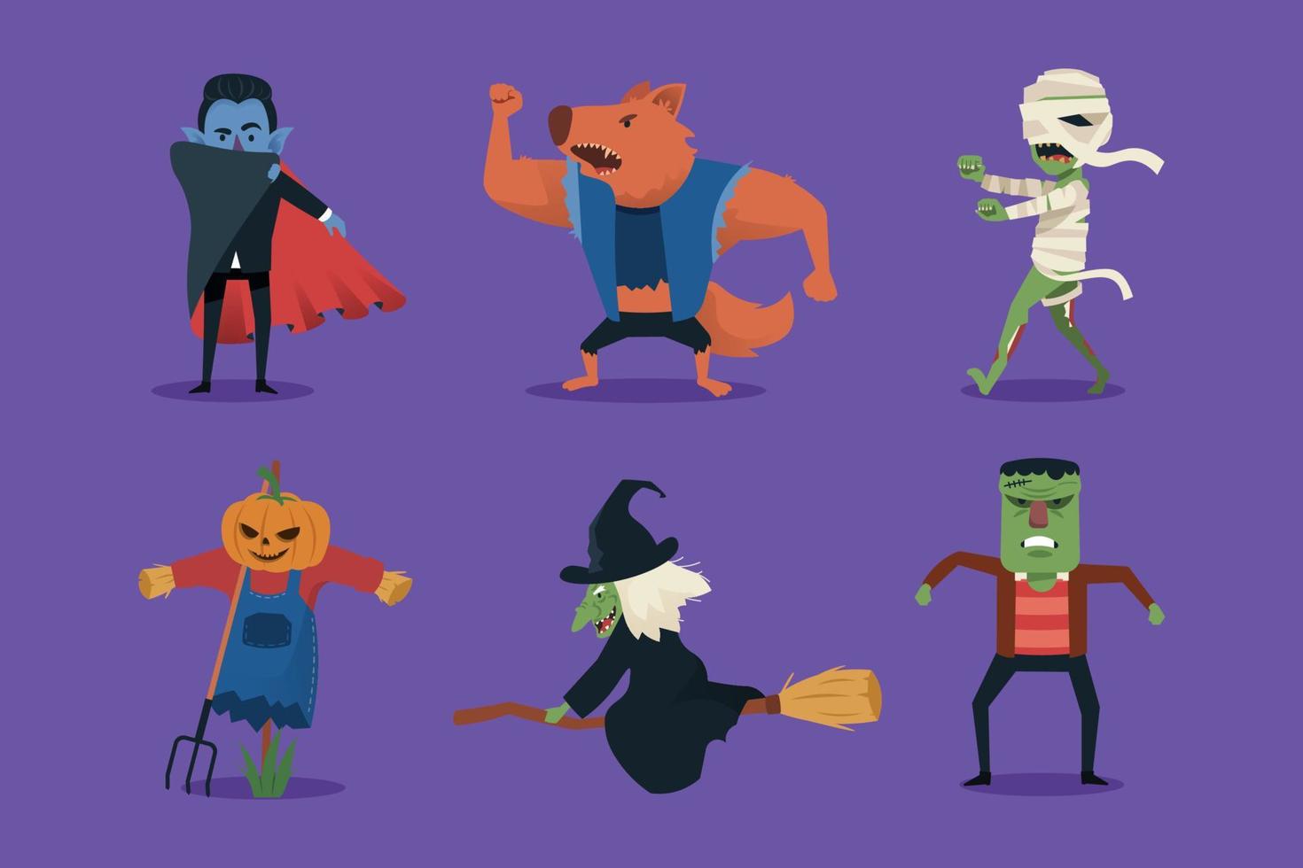 colección de personajes de halloween. vampiro, hombre lobo, momia, espantapájaros, bruja, frankenstein vector