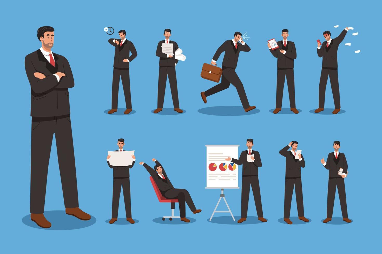 Businessman character set. Business people doing different actions vector