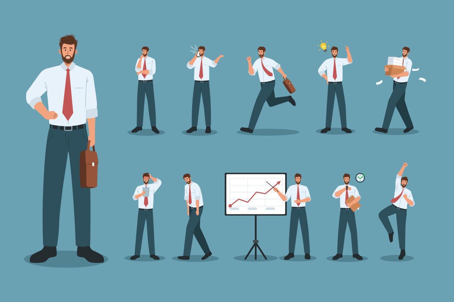 Businessman character set. Business people doing different actions vector