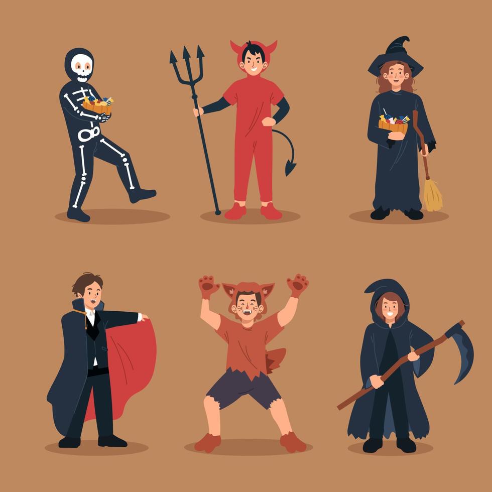 Children in halloween costumes. Skeleton, devil, witch, dracula, werewolf, grim reaper character illustration vector