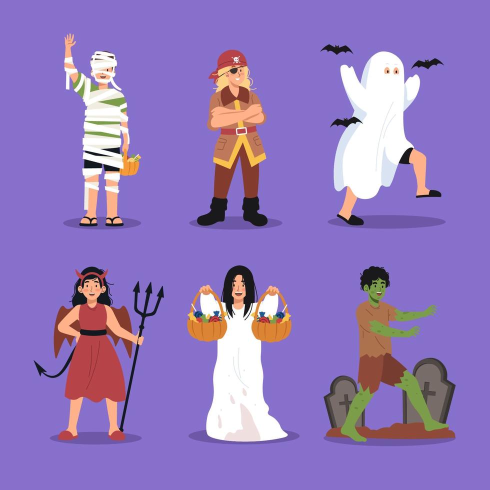 niños en disfraces de halloween. momia, pirata, fantasma, diablo, ilustración de personaje zombie vector