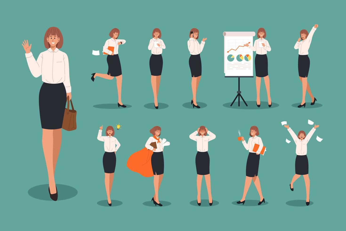 Businesswoman character set. Business people doing different actions vector