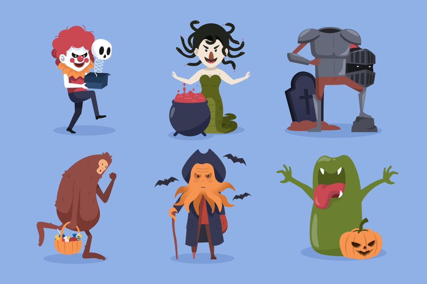 colección de personajes de halloween. payaso, medusa, pie grande, ilustración de personaje monstruo vector