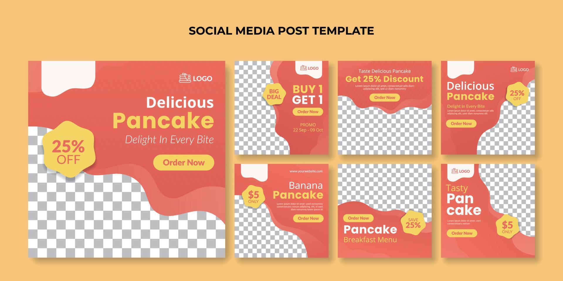 Delicious pancake social media post template. Food square banner for cake shop vector