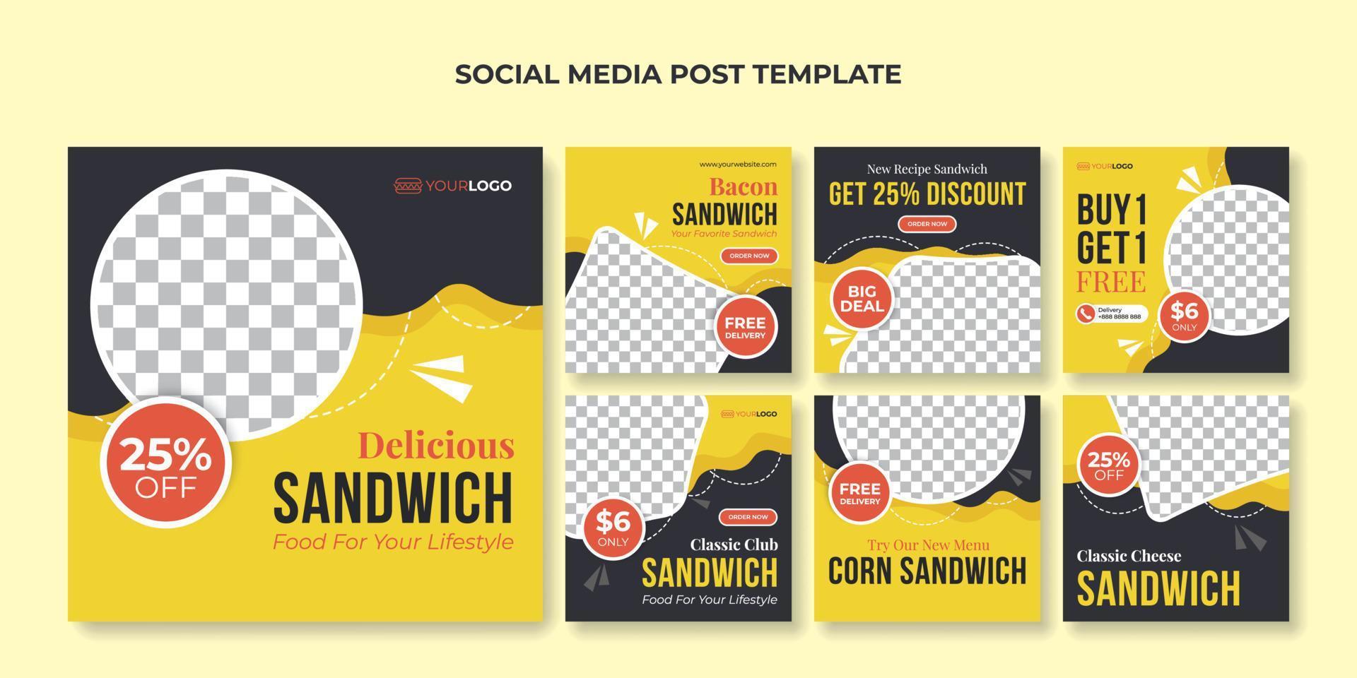 Delicious sandwich social media post template. Food square banner for fast food restaurant vector