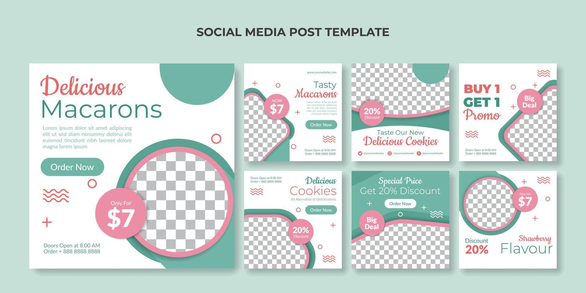 Macaron social media post template. Food square banner for cake shop vector