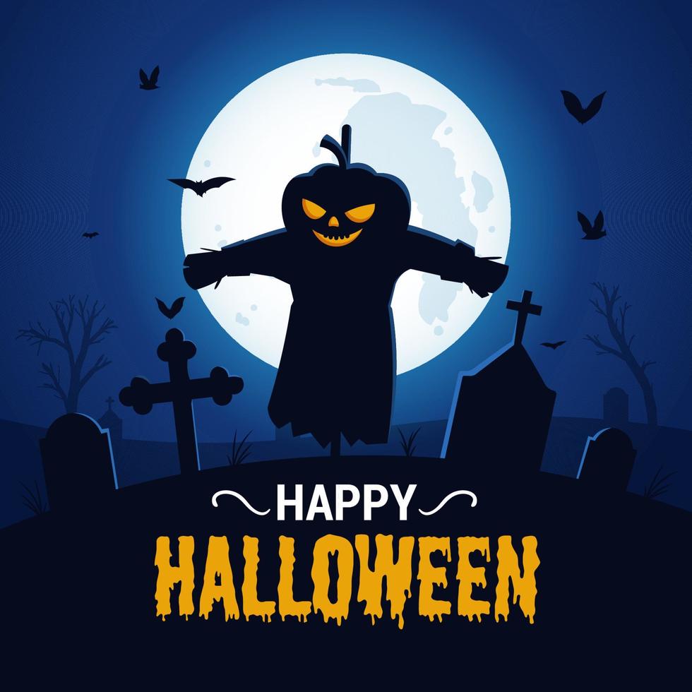 Happy halloween background with scary scarecrow silhouette vector