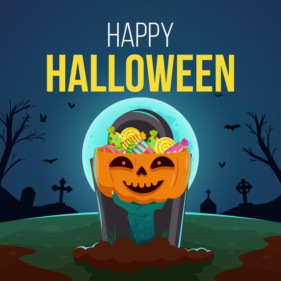 Happy halloween background with zombie hand holding pumpkin full of candies vector