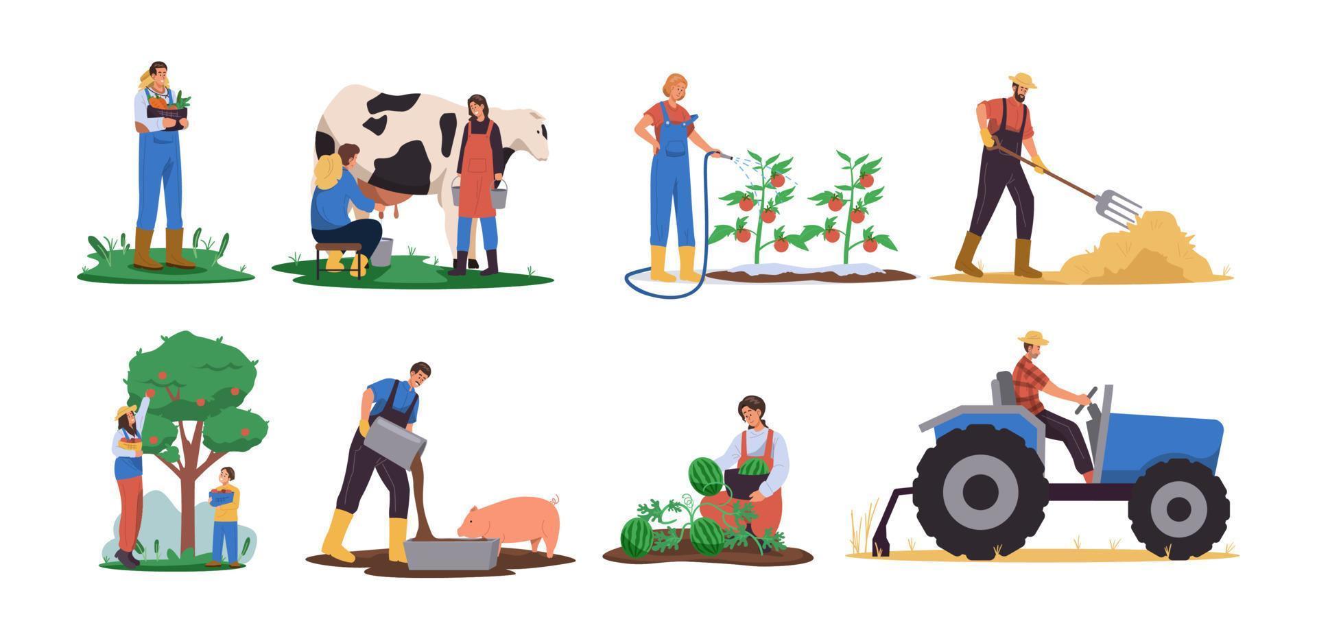 trabajadores agrícolas recolectando cosechas, plantando cultivos, alimentando animales, trabajando en tractores. granjero trabajando en el campo vector