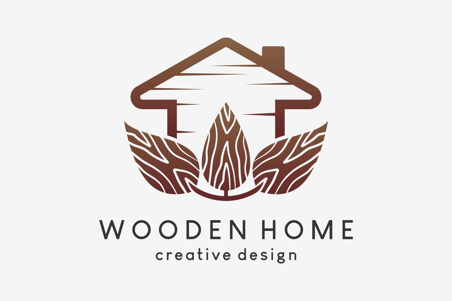 un diseño de logotipo de casa de madera combinado con un icono de hoja en un concepto creativo de motivo de madera vector