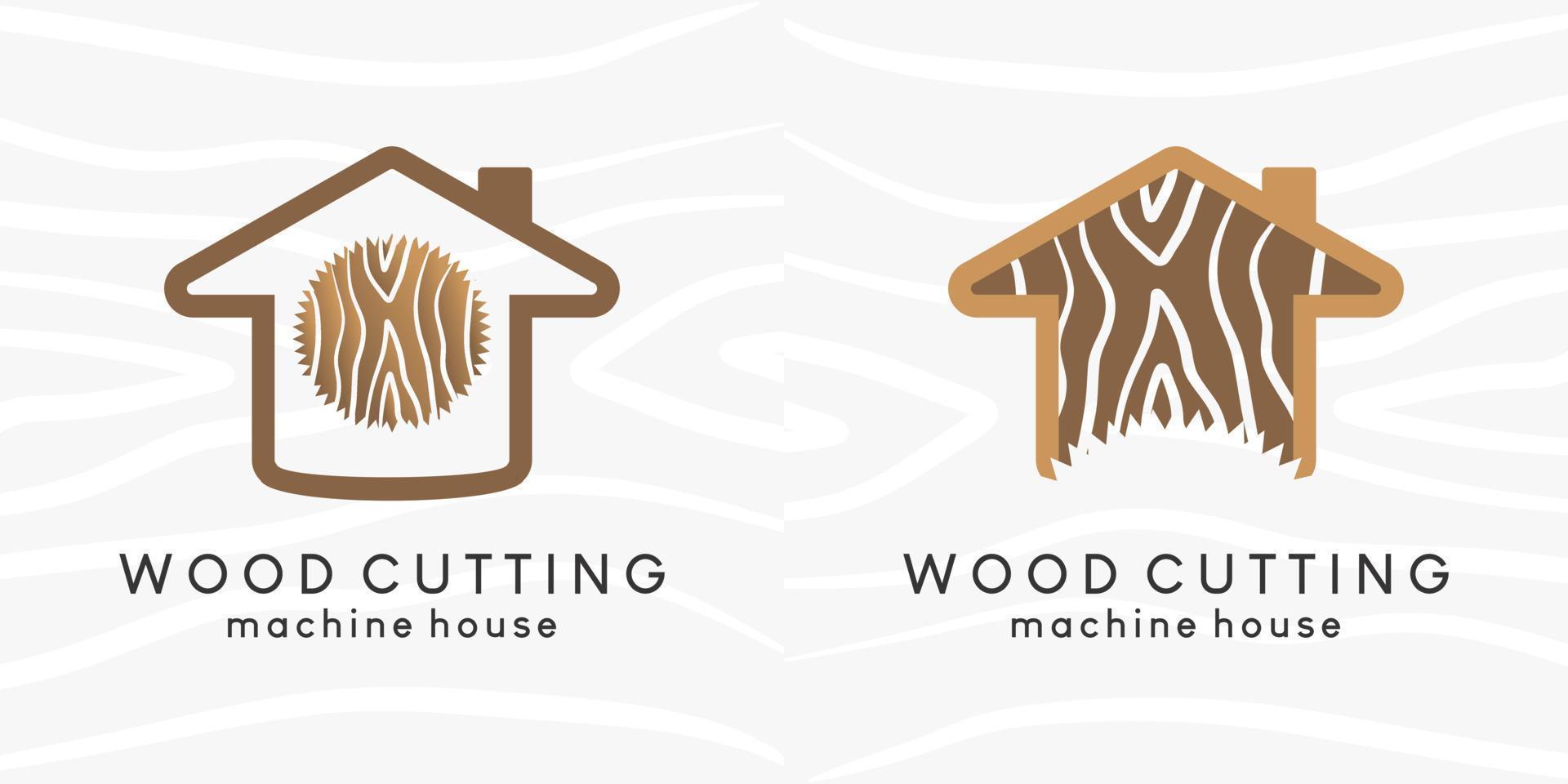 The logo design of a sawmill or wood cutter house with a wood motif concept displays the icon of a house combined with a circular saw machine vector