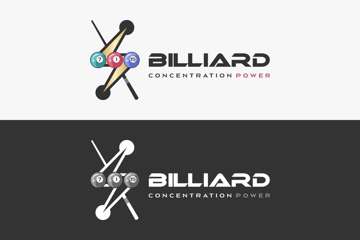 diseño de logotipo de billar con concepto creativo, icono de bola de billar combinado con icono eléctrico y palo de billar vector