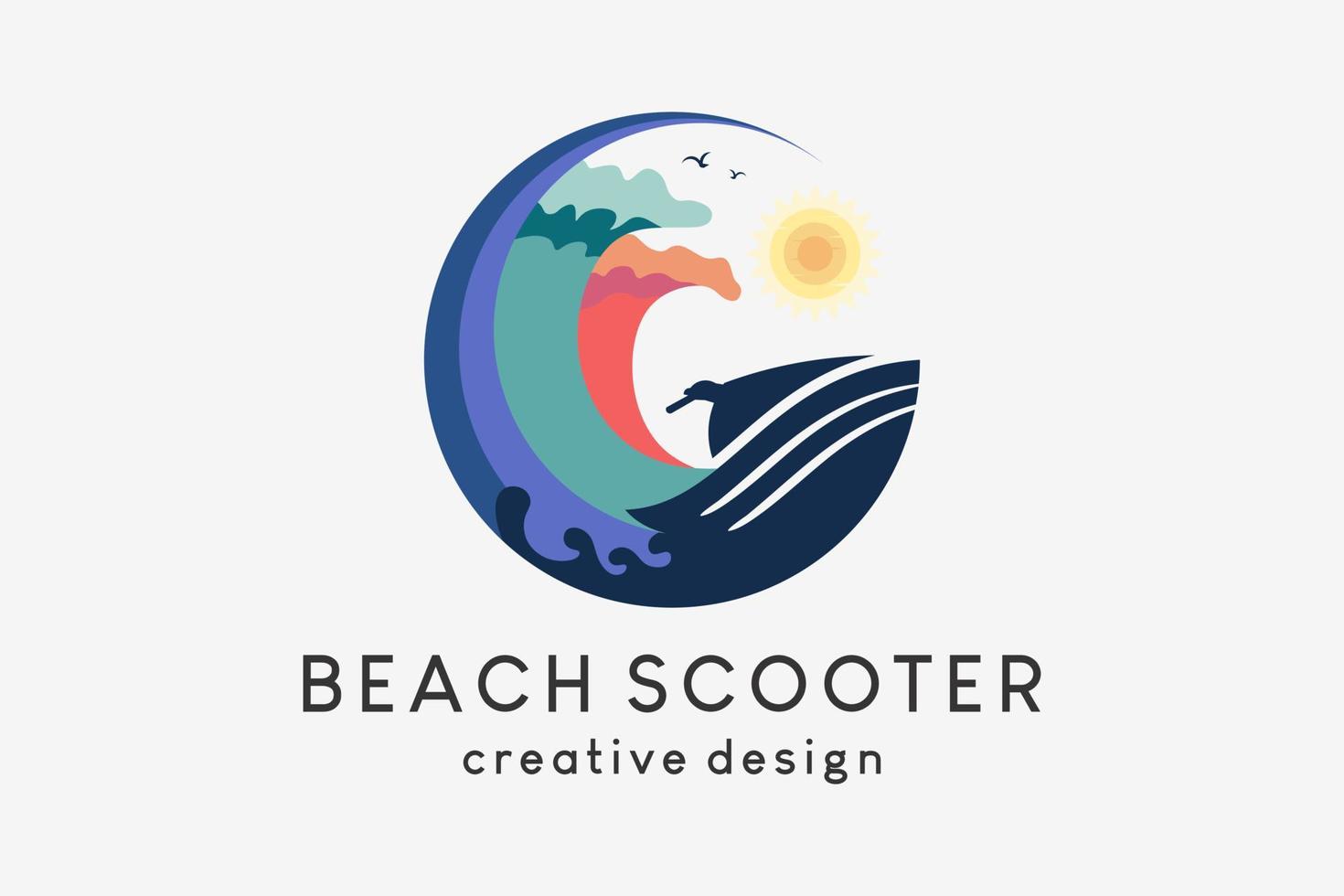 diseño de logotipo de scooter de playa o mar combinado con olas en círculos vector