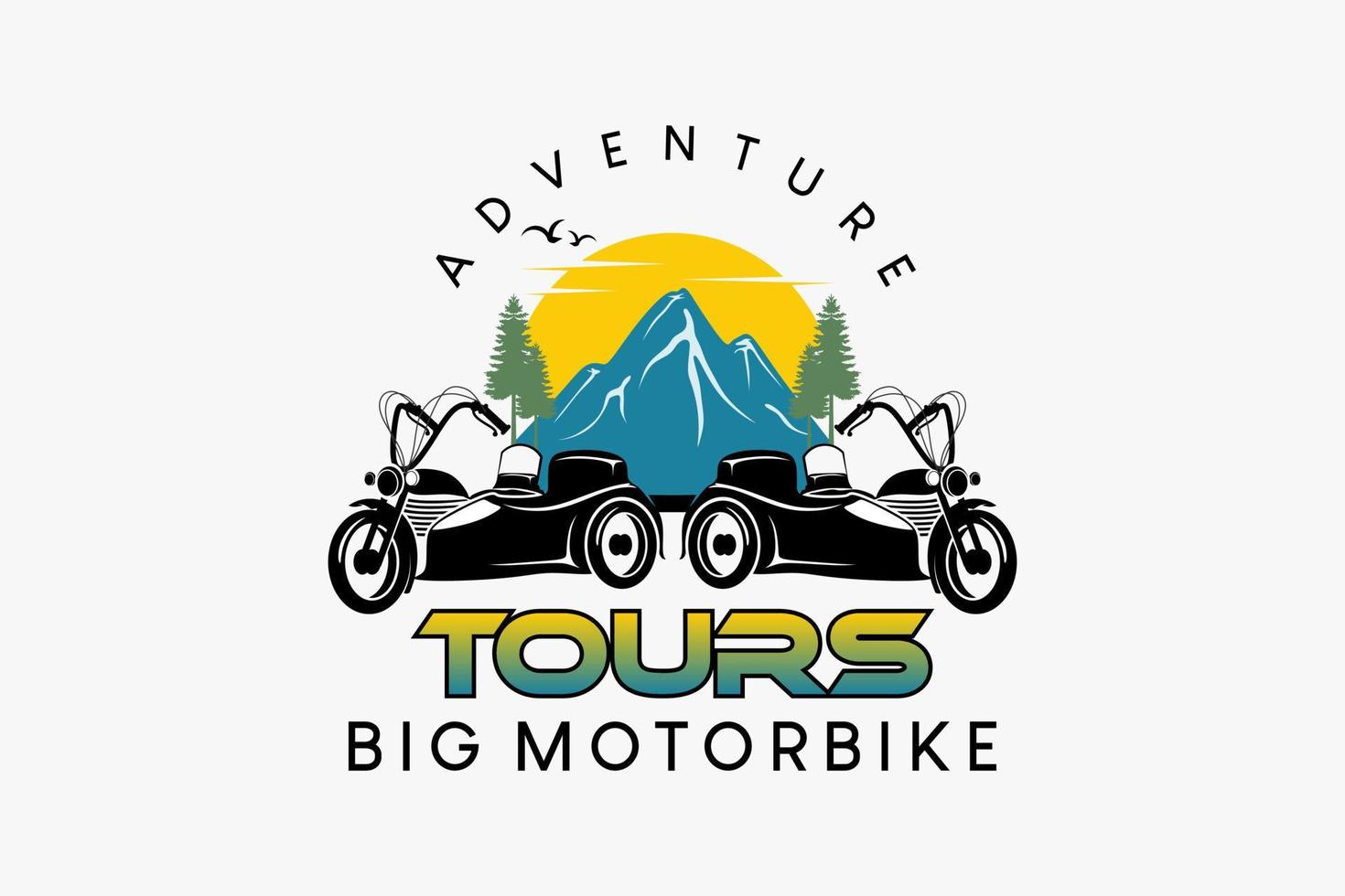 diseño de logotipo de sidecar de motocicleta grande para viajes o aventuras, silueta de motocicleta grande combinada con la naturaleza en concepto creativo de color retro vector