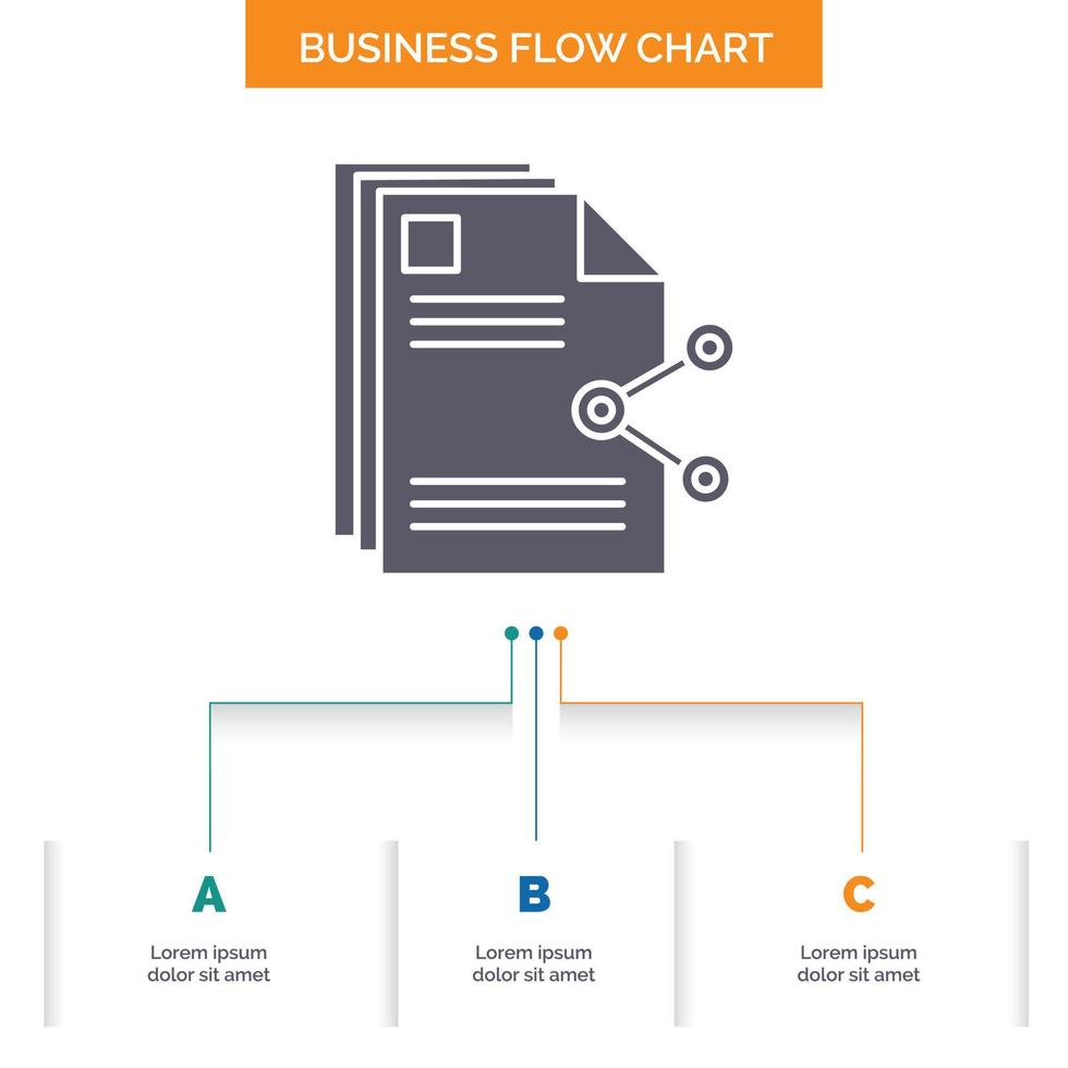 content. files. sharing. share. document Business Flow Chart Design with 3 Steps. Glyph Icon For Presentation Background Template Place for text. vector