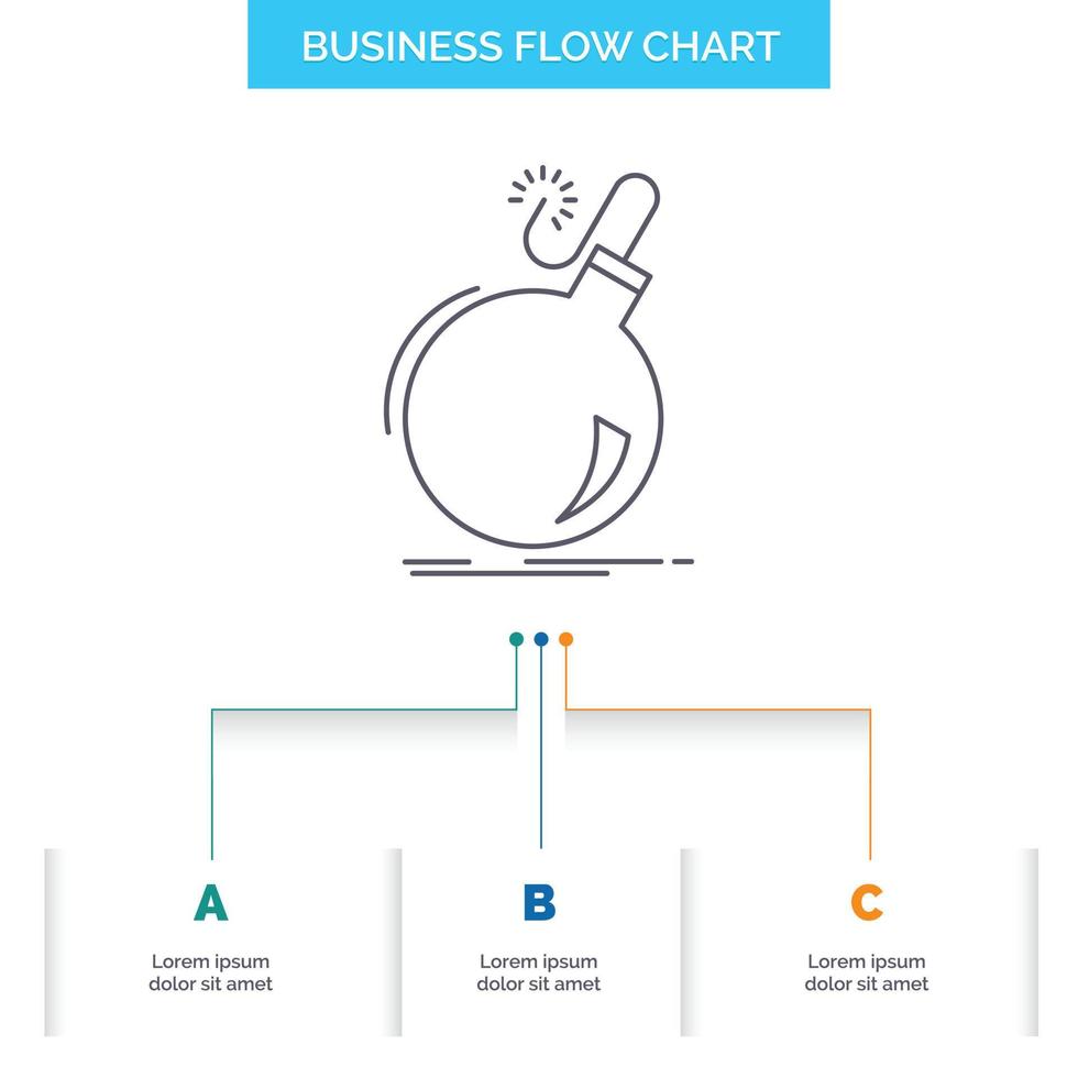 Bomb. boom. danger. ddos. explosion Business Flow Chart Design with 3 Steps. Line Icon For Presentation Background Template Place for text vector