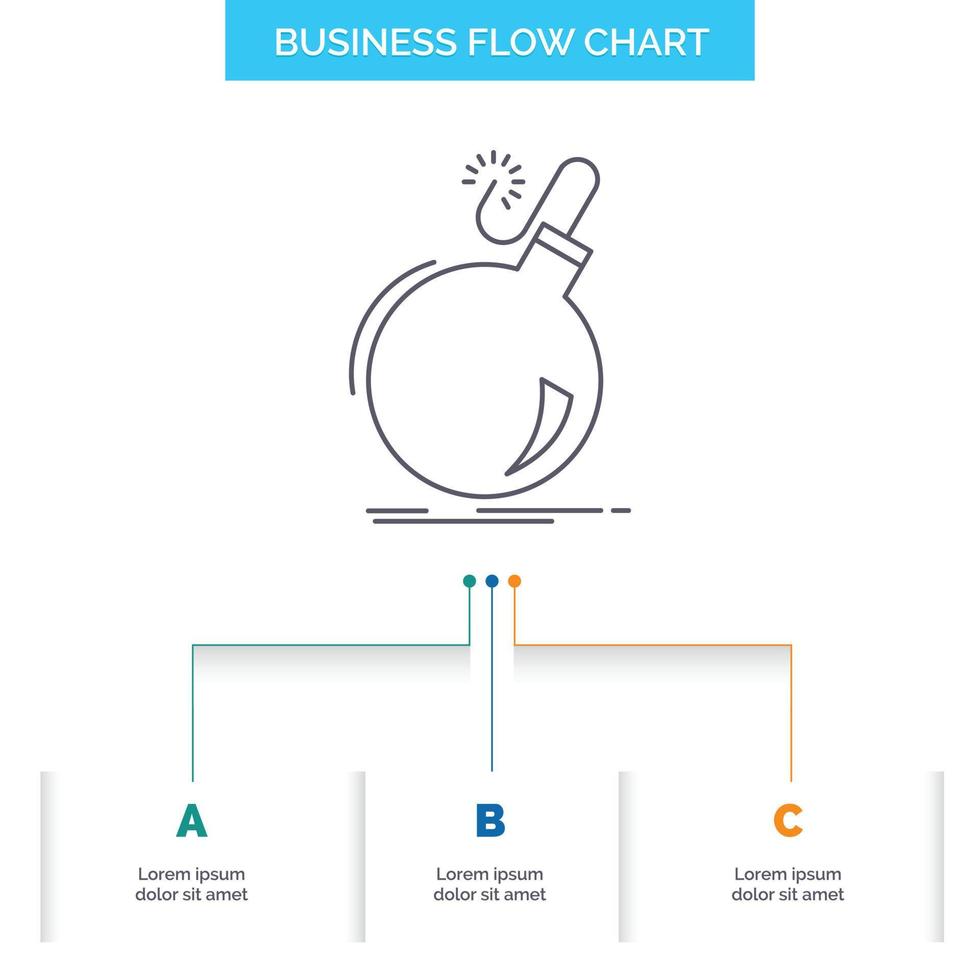 bomba. auge. peligro. ddos. diseño de diagrama de flujo de negocio de explosión con 3 pasos. icono de línea para el lugar de plantilla de fondo de presentación para texto vector