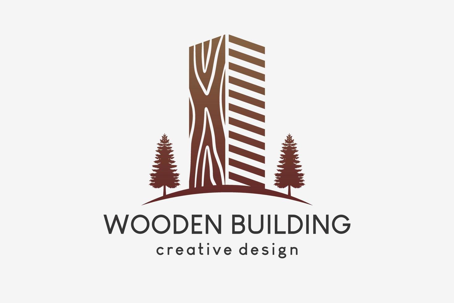 Wooden building logo design with fir tree silhouette in creative concept vector