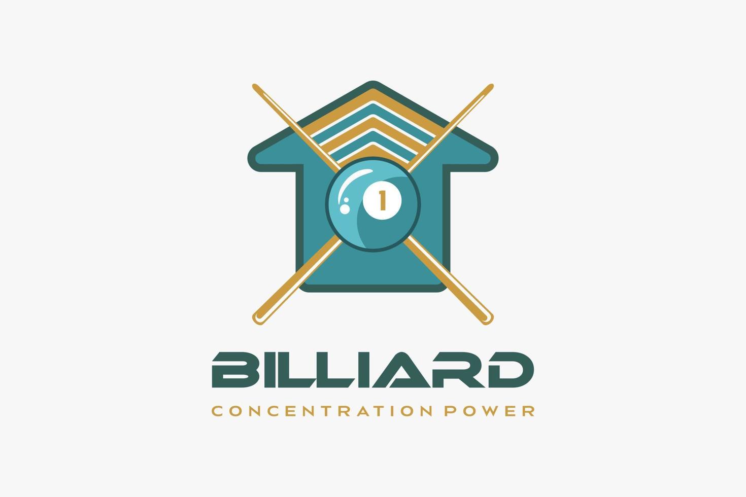 Billiard logo design with creative concept, billiard ball icon and billiard stick in house icon vector