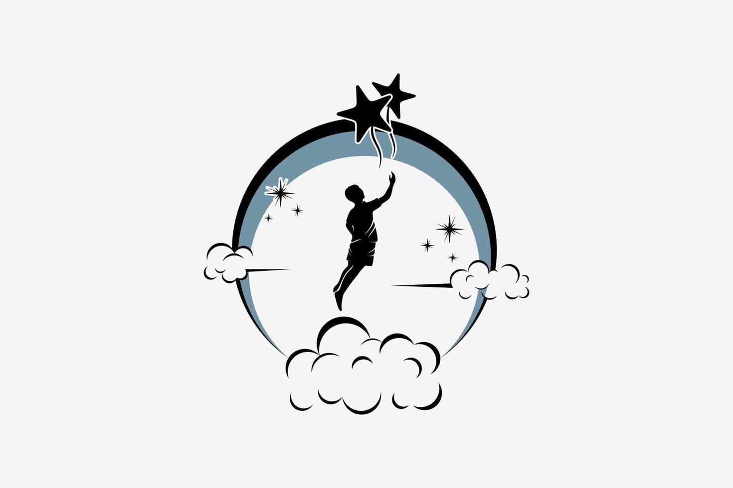 Star reaching logo design with creative concept, silhouette of people reaching stars in moon background vector