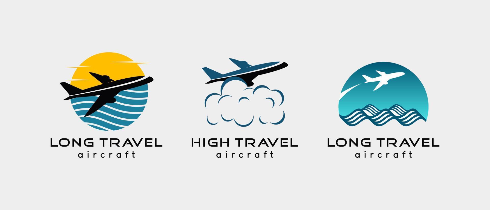 diseño de logotipo de avión, ilustración de vector de negocios de viajes y turismo con avión combinado con océano y nubes en concepto creativo