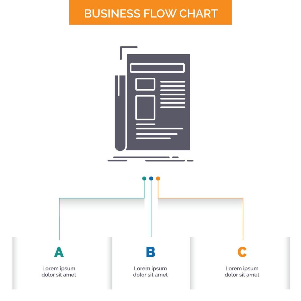 Gazette. media. news. newsletter. newspaper Business Flow Chart Design with 3 Steps. Glyph Icon For Presentation Background Template Place for text. vector