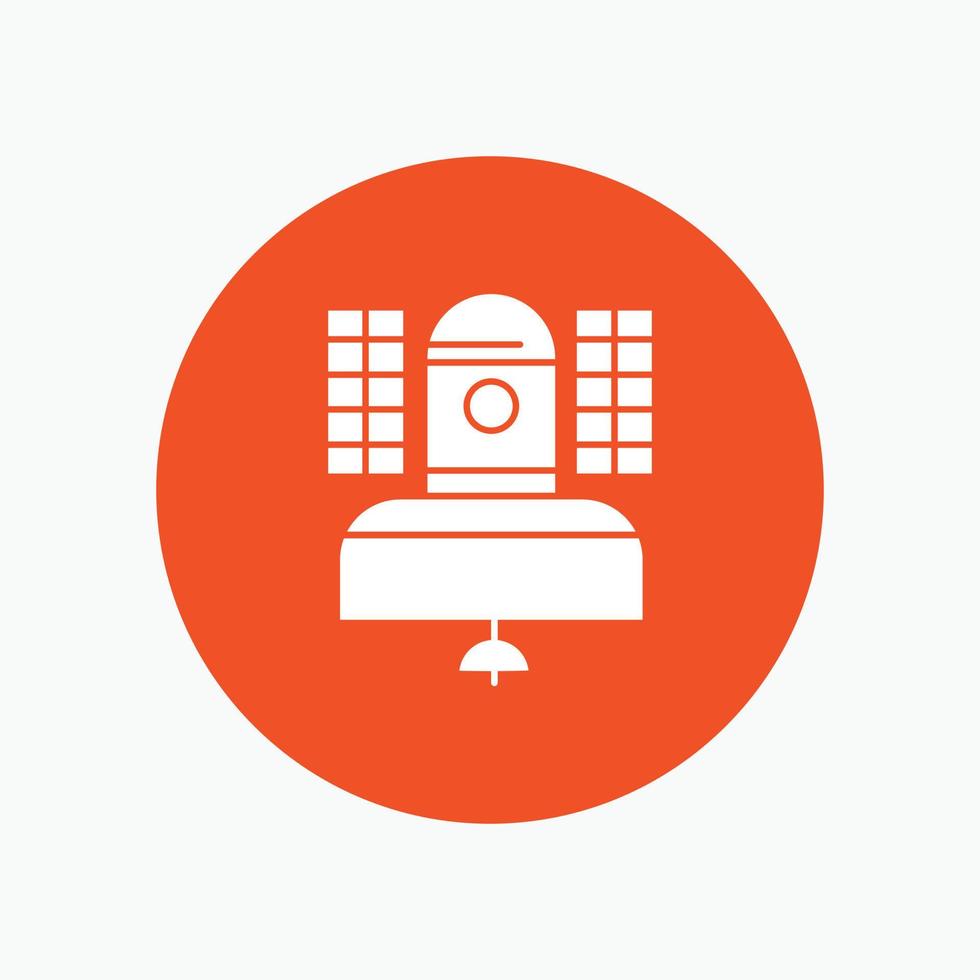 Satellite. broadcast. broadcasting. communication. telecommunication White Glyph Icon in Circle. Vector Button illustration