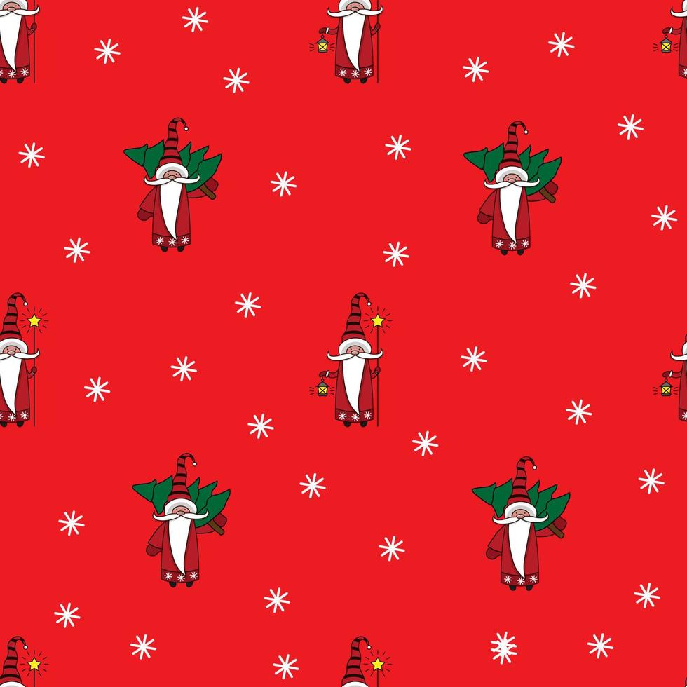 Christmas seamless pattern with gnomes, trees and snowflakes vector