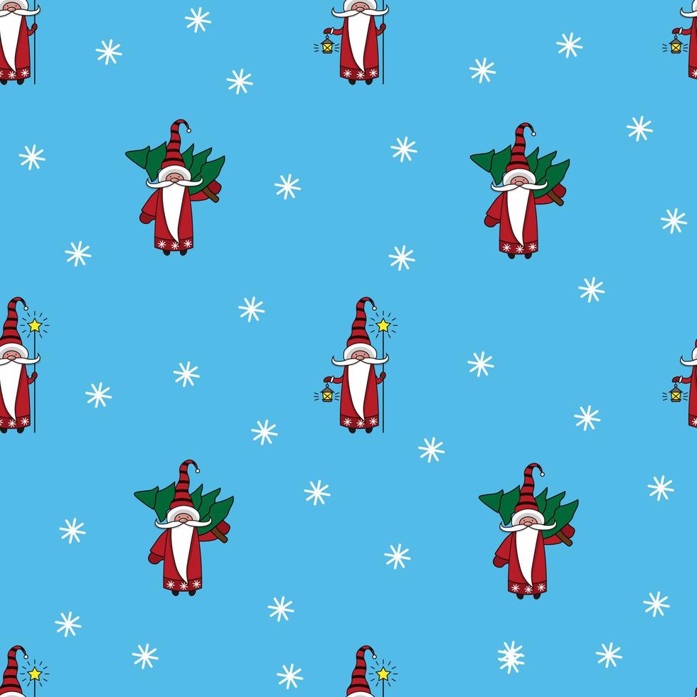 Christmas seamless pattern with gnomes, trees and snowflakes vector