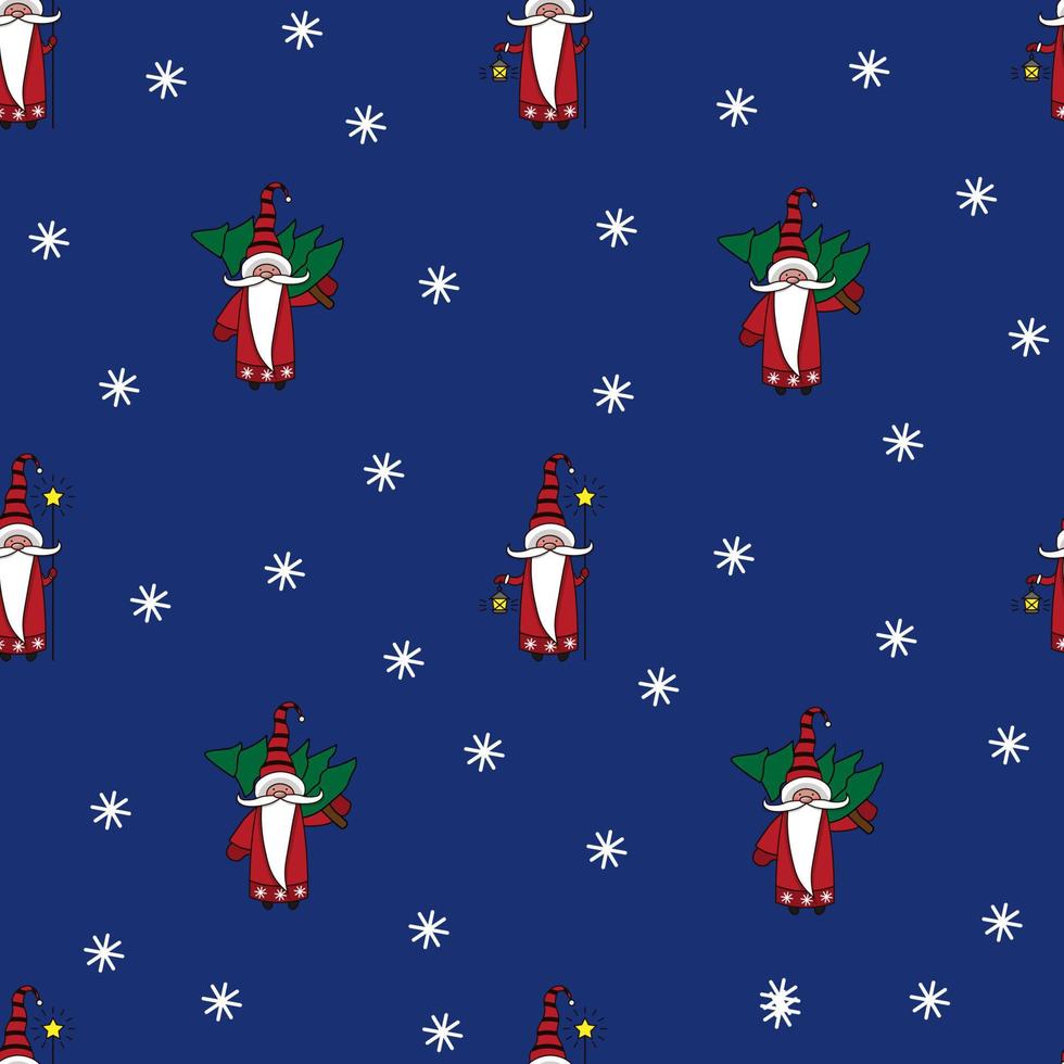 Christmas seamless pattern with gnomes, trees and snowflakes vector