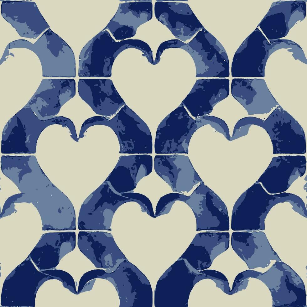 patrón de mosaico italiano vector azulejo portugués sin costuras azul y blanco con corazón de amor