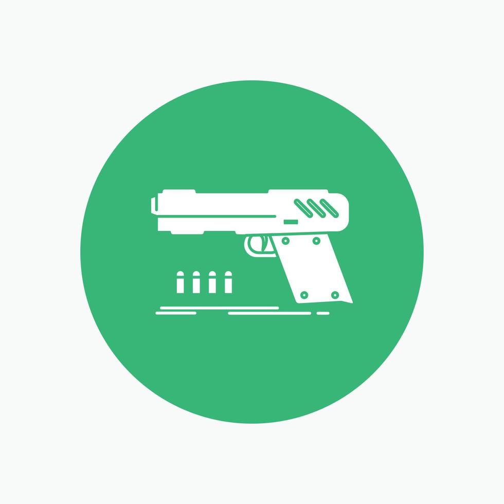 gun. handgun. pistol. shooter. weapon White Glyph Icon in Circle. Vector Button illustration