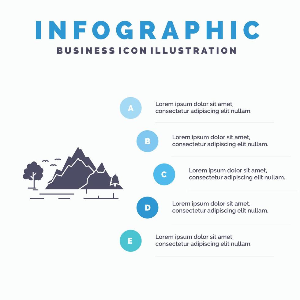 Cerro. paisaje. naturaleza. montaña. plantilla de infografía de árbol para sitio web y presentación. icono de glifo gris con ilustración de vector de estilo infográfico azul.