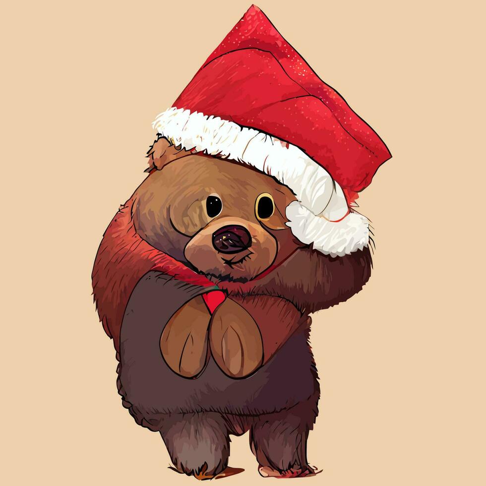 vector de ilustración dibujado de oso usando sombrero de santa bueno para tarjeta de navidad