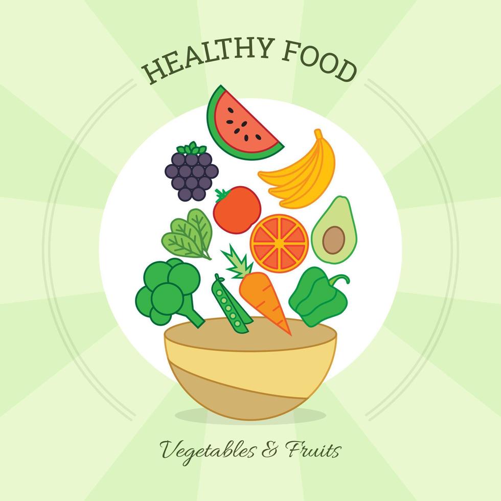 tazón de comida saludable con verduras y frutas plantilla de publicación en redes sociales vector